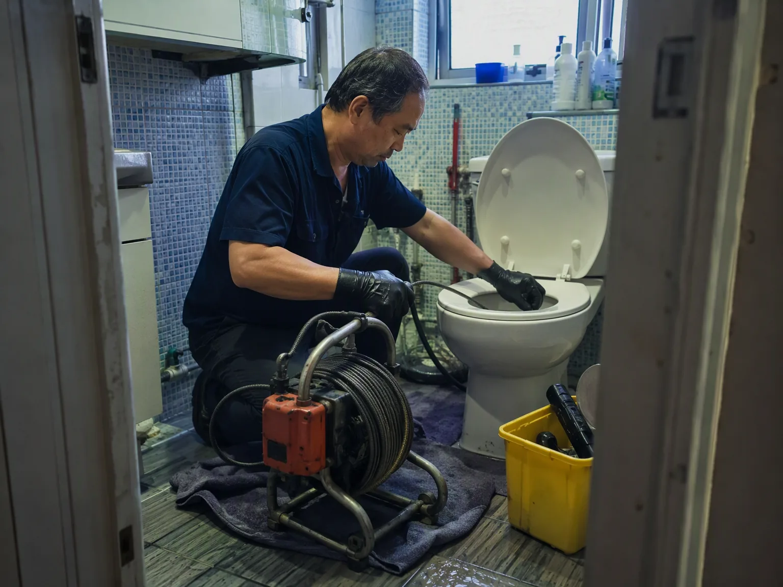 信達渠務師傅在香港住宅浴室處理坐廁淤塞